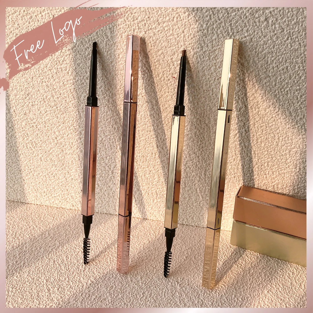 Square Eyebrow Pencil Custom Logo Rose Gold Dual Ended Triangle Tip with Spoolie Brush Eye Brown Makeup 0.5mm Soft Brown