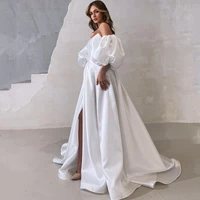 eightree sexy wedding dresses white lantern sleeve a line bride dress split satin simple wedding evening prom gowns plus size