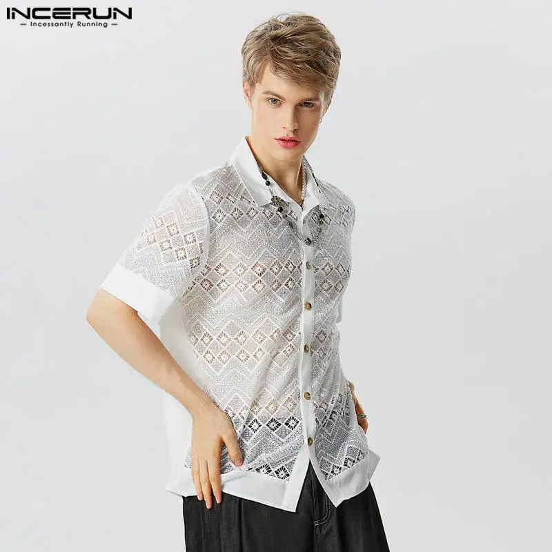 

Stylish Casual Style Tops INCERUN New Men's Hollow Lace Print Patchwork Short Sleeved Shirts Streetwear Hot Selling Blouse S-5XL
