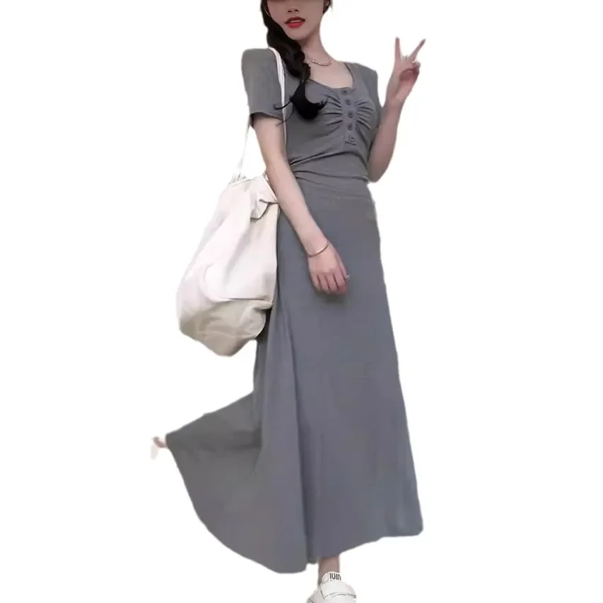 Элегантное платье во французском стиле без воротника с короткими рукавами для