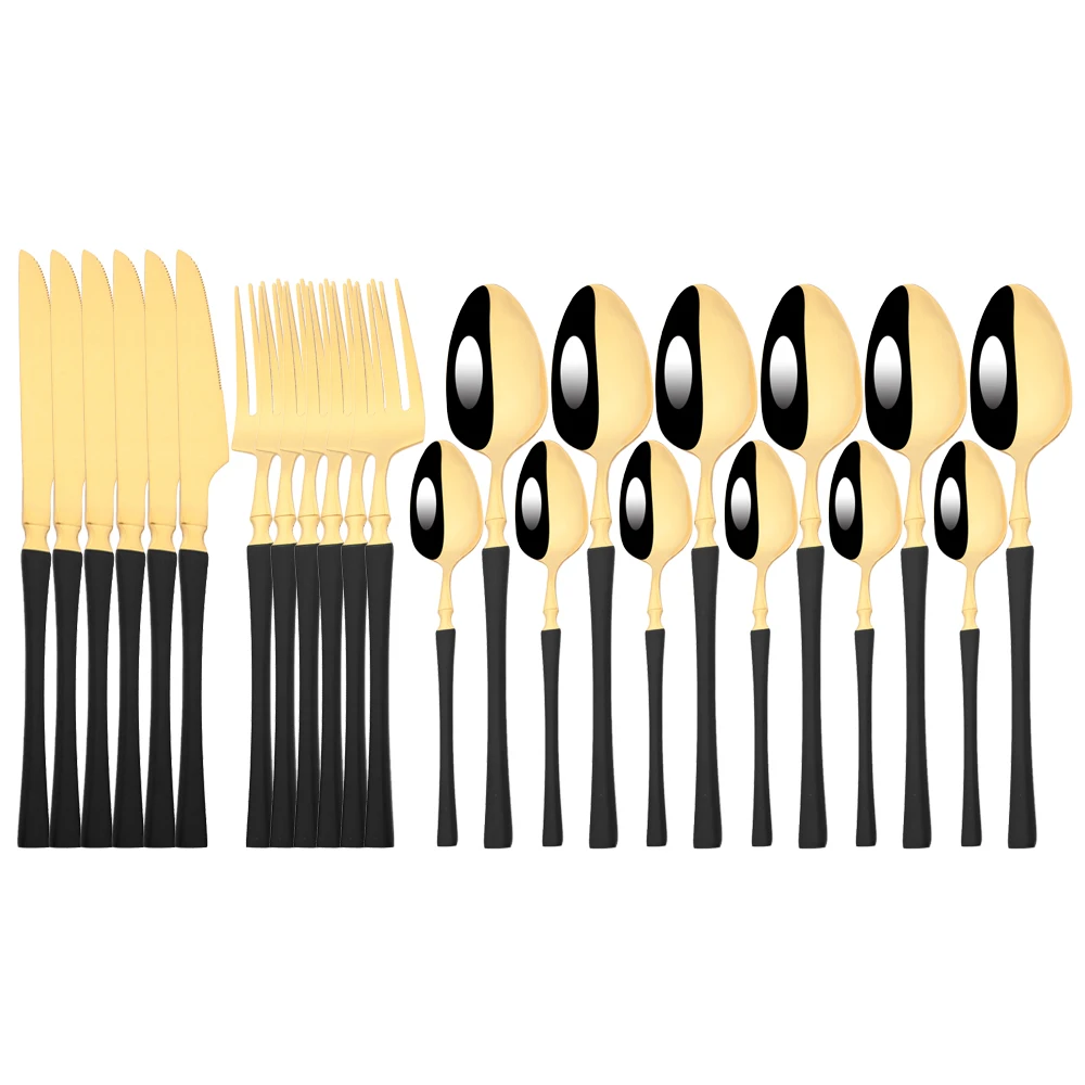 

24Pcs Upscale Black Gold Dinnerware Set Stainless Steel Tableware Knife Fork Tea Spoon Flatware Dinner Cutlery Silverware Gift