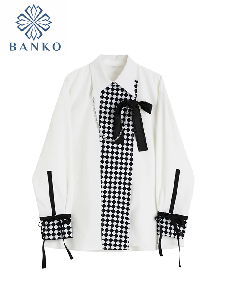 2022 Autumn New Women Blouse Fashion Patchwork Contrast Color Plaid Tops Clothes Harajuku Bow Lace Up Polo Neck White Shirts