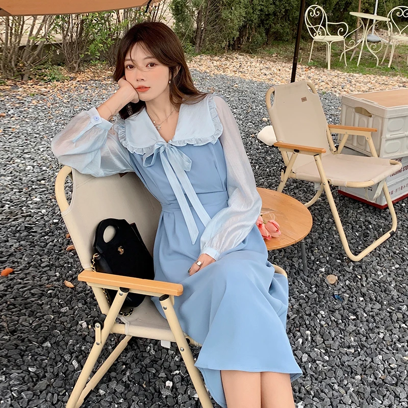 

Осеннее женское платье 2022, французское кружевное платье с оборками и кукольным воротником, однотонное платье до колена на шнуровке с длинны...