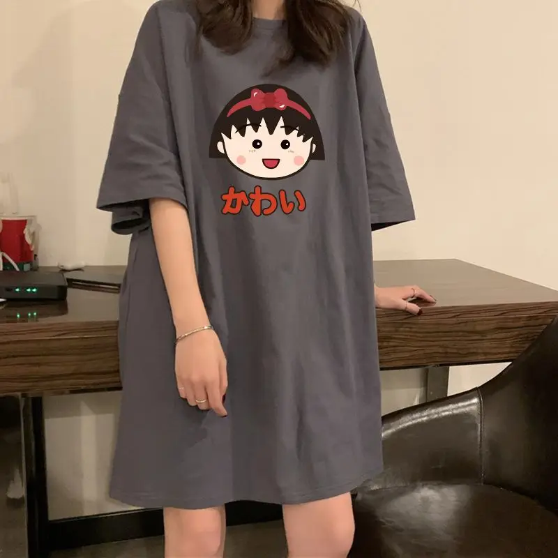 

Kawaii Chibi Maruko-Chan Women's Nightdress Summer Thin Section Cotton Long Section Large Size Outer Wear Loose Short Sleeve