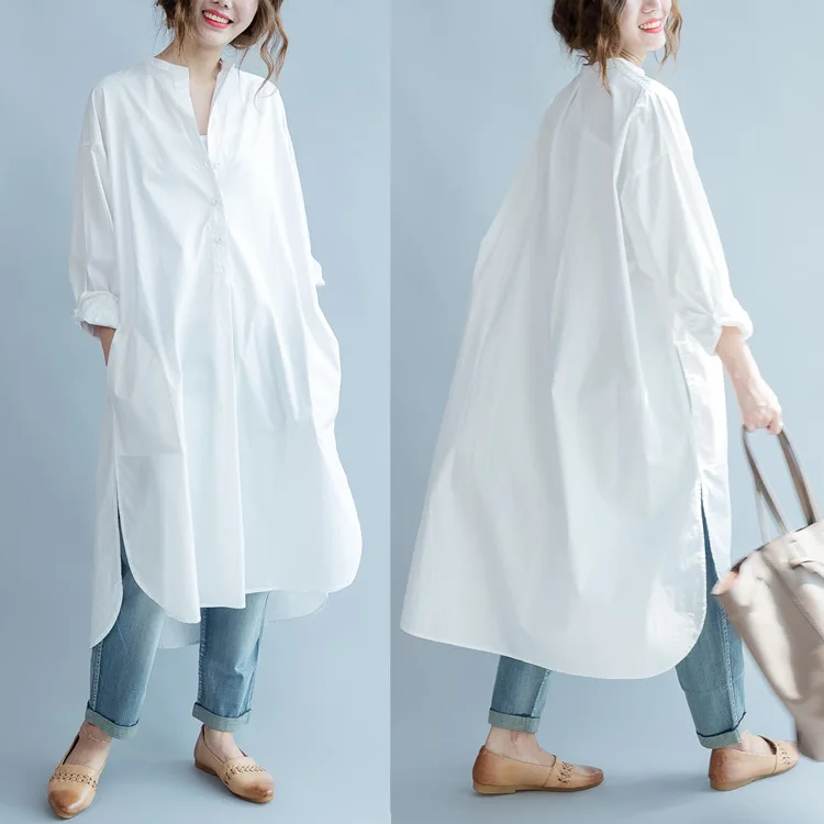 

Spring and Autumn Fashion New Women's Long Sleeve Shirt Both Side Slit Design Solid Color Cardigan Lengthened Large Size Dresses