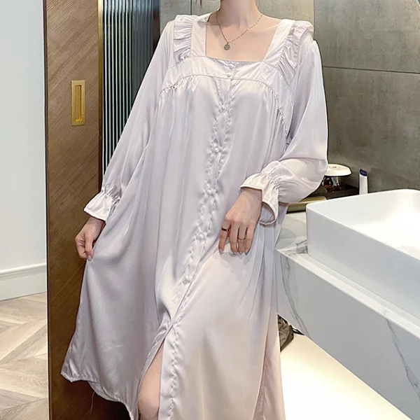 

Square Neck Sleepwear Retro Women Long Nightdress Court Style Princess Nightgown With Buttoms Nightwear Spring Satin Loungewear