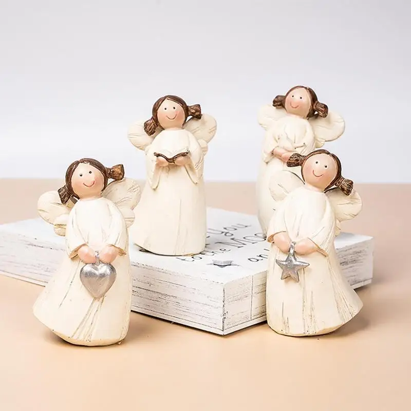 

Girl Angel Figurines Hand Painted Angel Holding Heart Sculpted Statue Room Office Desktop Resin Crafts Wedding Home Decor Gifts