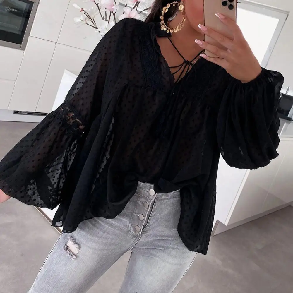 

Casual Blouse Front Lace-up 3D Cutting Dot Print Chiffon Blouse Female Clothing