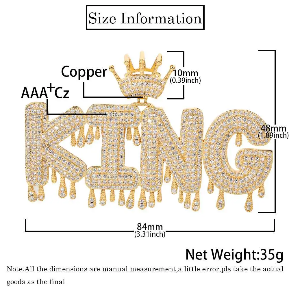 TopBling Hip Hop A-Z Custom Letter Pendant Necklace Waterdrop Charm Crown Buckle 18K Real Gold Plated Jewelry