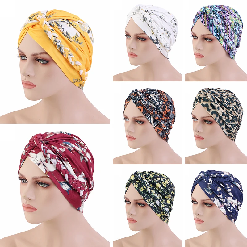 

Printing Braid Bonnet For Women Elastic Wide Band Night Sleep Hat Chemo Caps Hair Loss Cover Fashion Head Wrap Hair Care