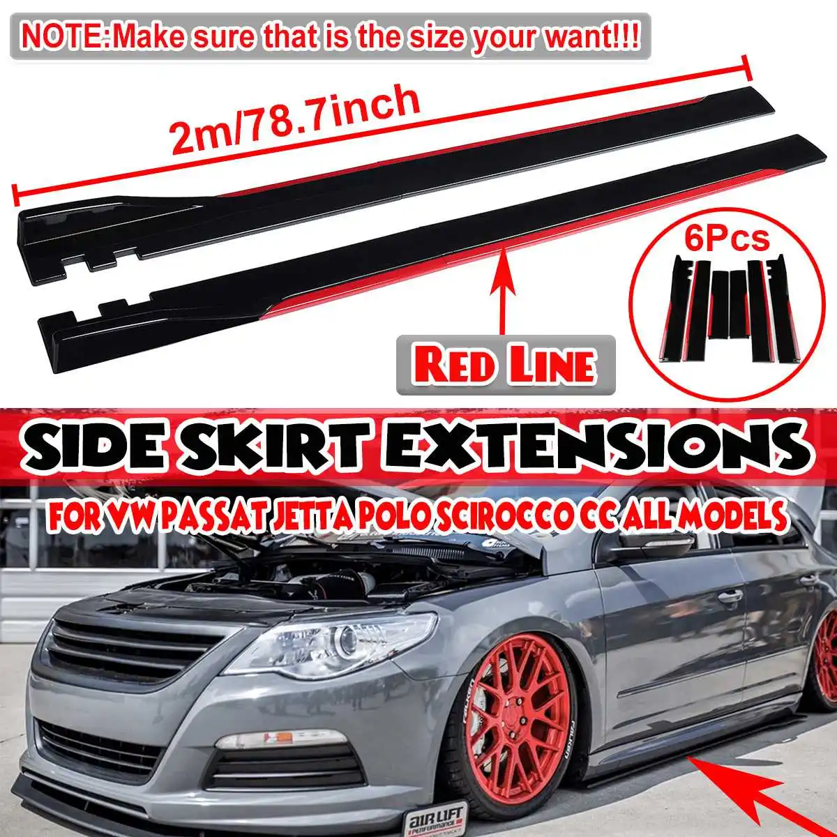 

2m Side Skirt Extension Splitter Winglet Side Wing Bumper Lip For VW For Polo For GOLF MK5 MK6 MK7 MK7.5 For Jetta For Passat