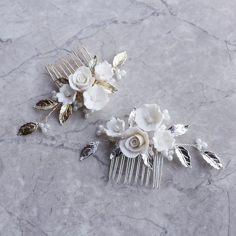 

Простой керамический цветок, большой цветок, инкрустированный просом бусинами, женский свадебный головной убор ручной работы, гребень для ...