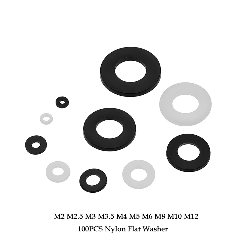 

100 шт. M2 M2 M2, 5 M3 M4 M5 M6 M8 M10 M12, белые, черные, нейлоновые пластиковые плоские шайбы, плоские прокладки, изоляционные уплотнительные кольца