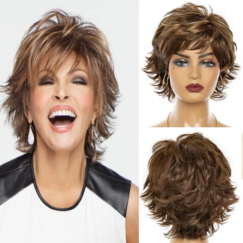Short Ombre Wigs with Bangs Natural Brown Heat Resistant Sythentic Wig Dress Party Wig for Women Loose Wave Curly Hair Peluca
