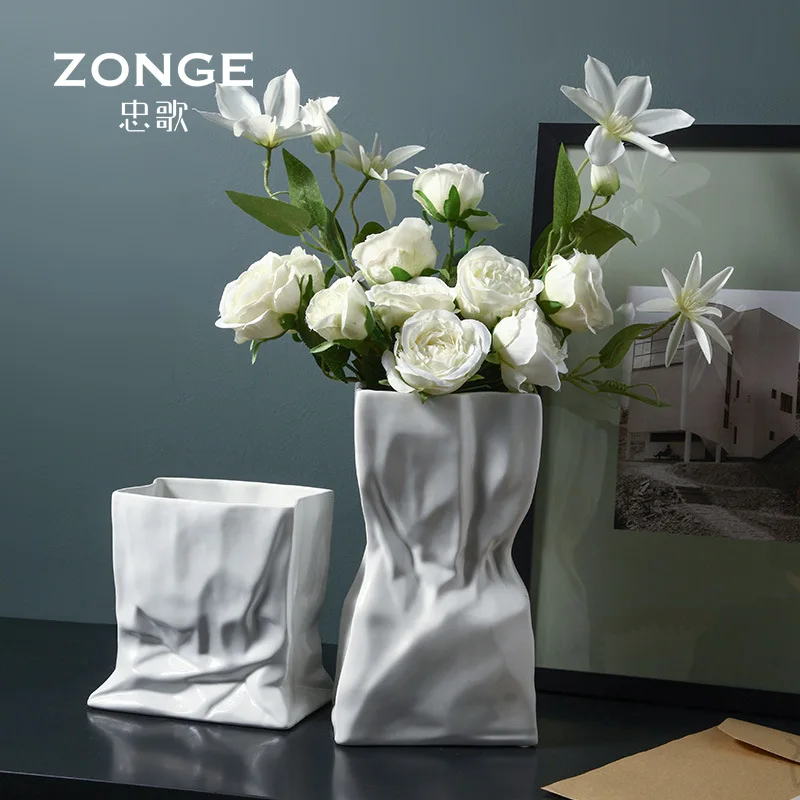 

Плиссированная белая керамическая ваза, украшение для гостиной, ТВ, кабинета, Цветочная композиция, креативное домашнее украшение для вазы