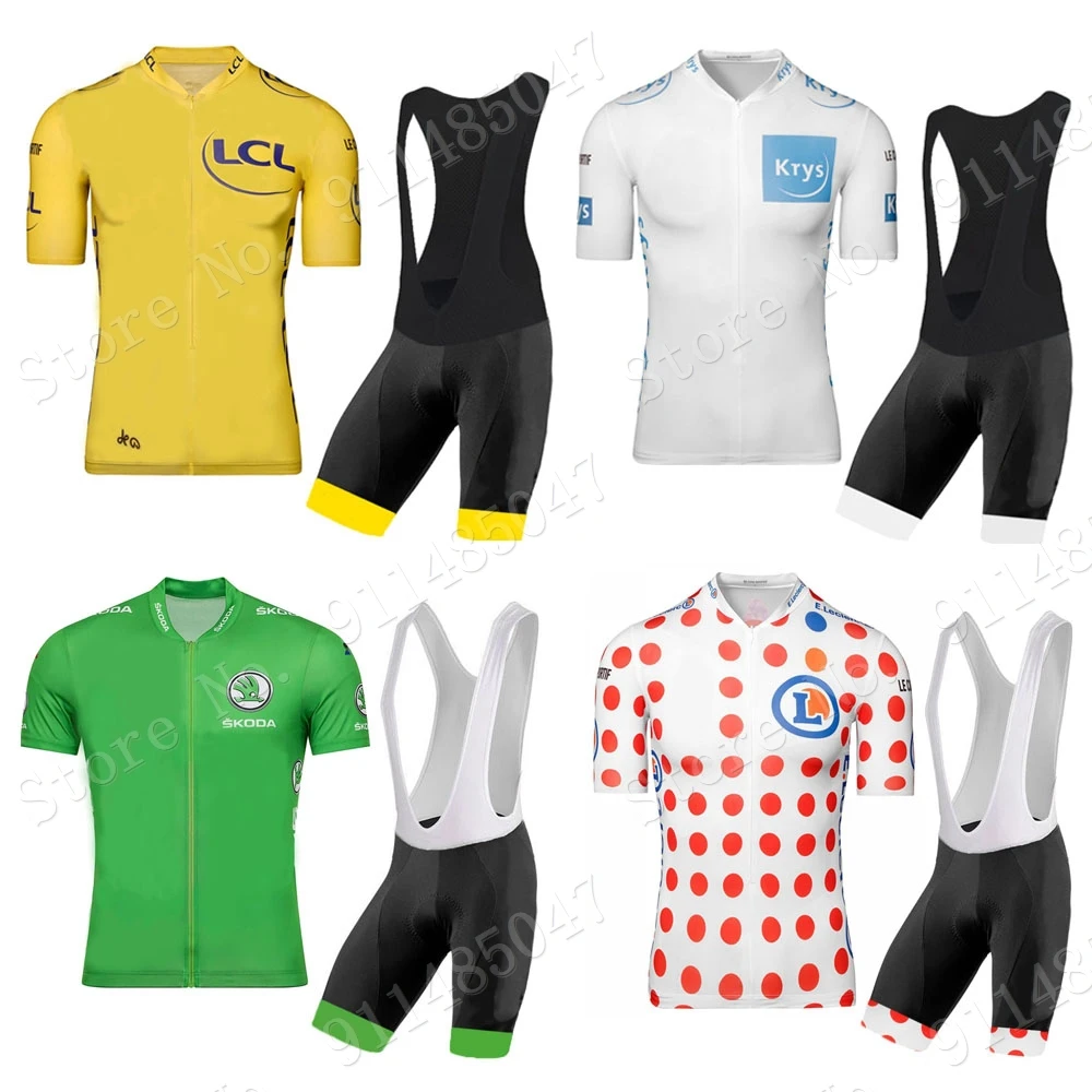 

Men France Tour Leader Cycling Jersey Set Yellow Green Polka Dot Cycling Clothing Champion de France Road Bike Suit MTB Maillot