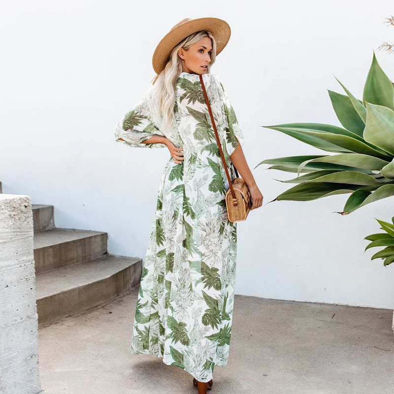 

Beach Wear Deep V Oversize Kimono Dress 2022 Casual Long Sleeve Summer Cover-Ups for Women Vintage Floral Print Boho Cover Up