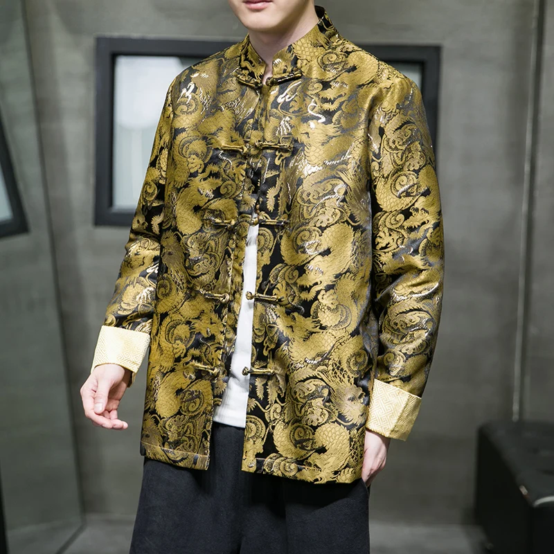 Chaqueta con hebilla de Jacquard para hombre, traje Tang de estilo chino Retro, Hanfu, abrigo de cuello alto de gran tamaño, Otoño e Invierno