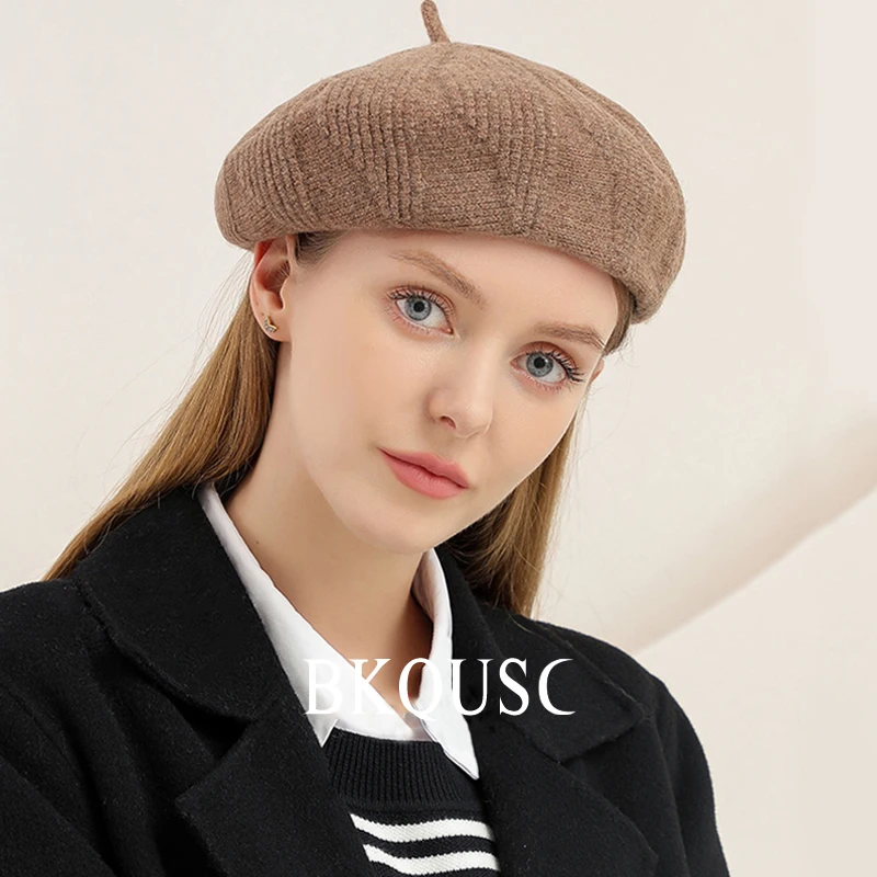 

Stylish Knitted Berets for Women Pure Color Winter Warm Knitting Wool Beret Cap Artist Female Gray Black Pumpkin Beret for Lady