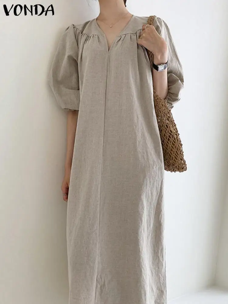 

Женское винтажное платье-макси VONDA 2022, повседневные однотонные вечерние чные платья с рукавами-фонариками, Повседневное платье, Женский офи...