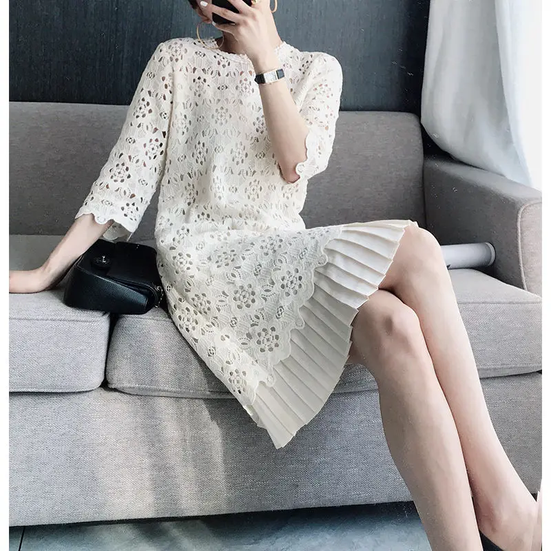 

2023 Summer Office Midi Dress Women Vestidos Mujer Short Sleeve Hollow Out Lace Loose Dress Elegant Evening Party Dresses J77
