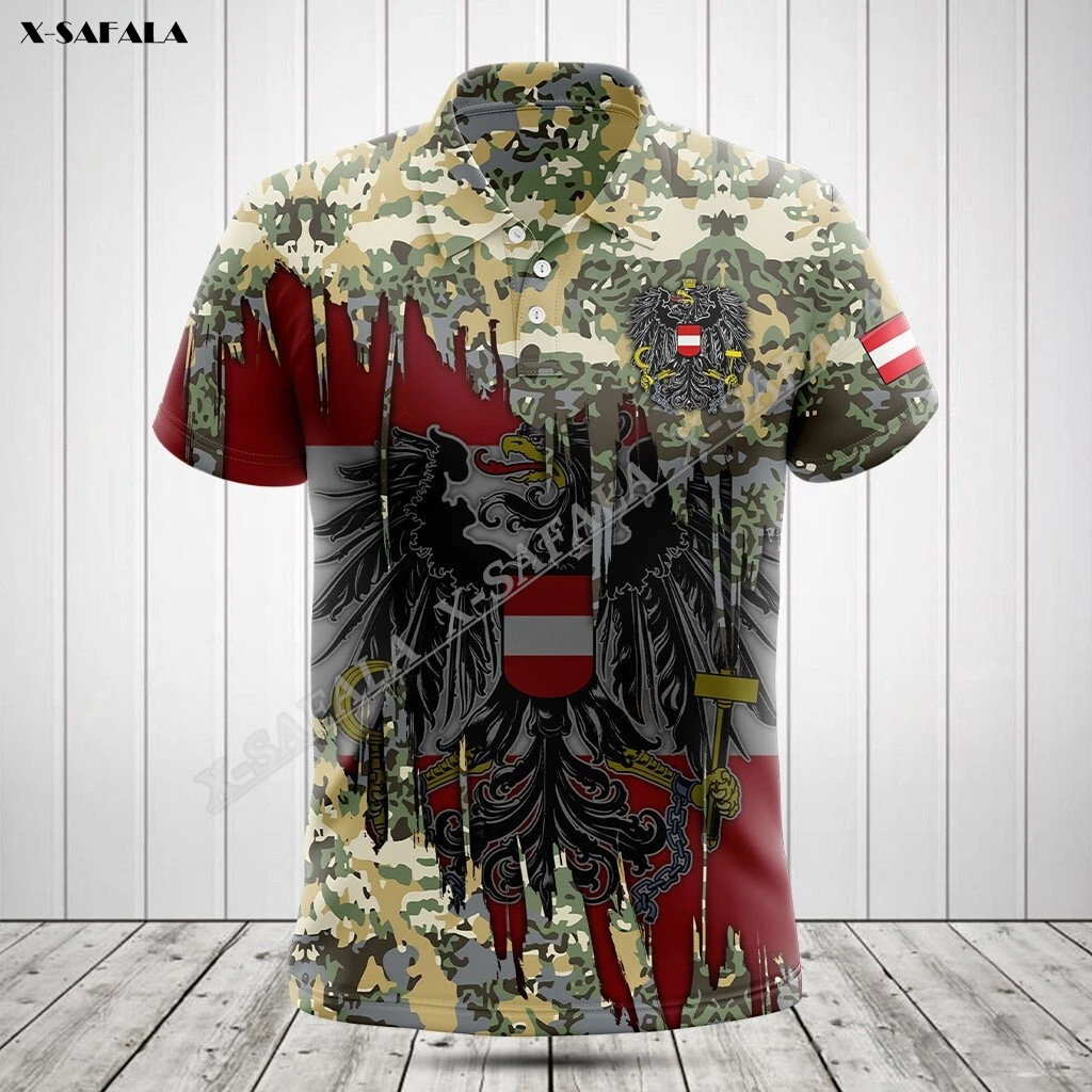 

Австрийская камуфляжная Летняя мужская рубашка-поло с 3D-принтом военного ветерана и орла, короткий топ, Высококачественная дышащая термостойкая футболка