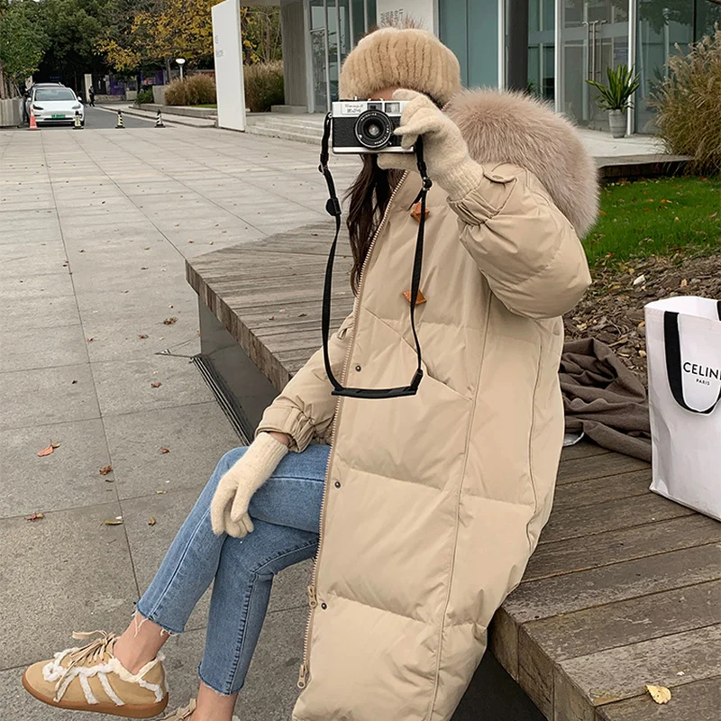 Women Button Decor Hooded Thick Zipper Coats Outerwear Fashion Winter Warm Faux Fur Collar Long Parkas Jackets for Female 2021