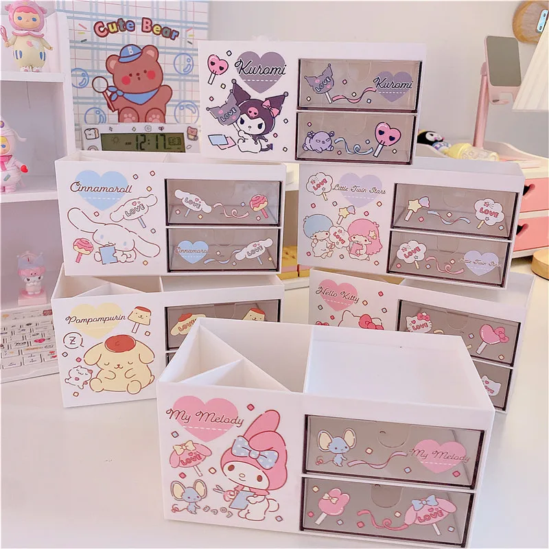 

Kawaii Sanrioed Organizer Hello Kitty My Melody Purin Desktop Drawer Storage Box Jewelry Cosmetic Brush Pen Holder for Friends