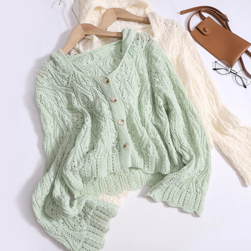 

Женский однобортный Кардиган с капюшоном, повседневный ажурный однотонный ажурный джемпер с круглым вырезом и длинным рукавом, весна-осень