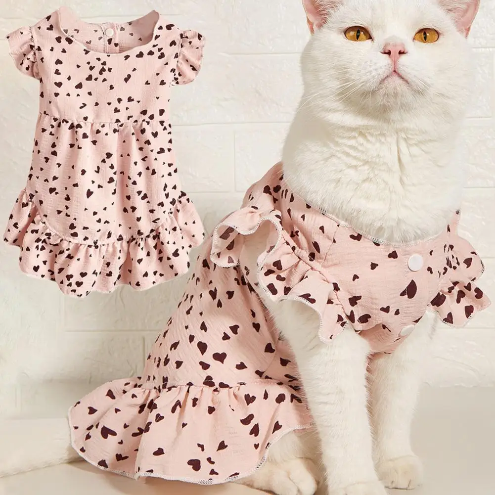 

Kitty Dress Stylish Skin-touch Ruffled Heart Printing Pet Dog Princess Dress Outfit for Daily Wear Cat Dress Cat Dress