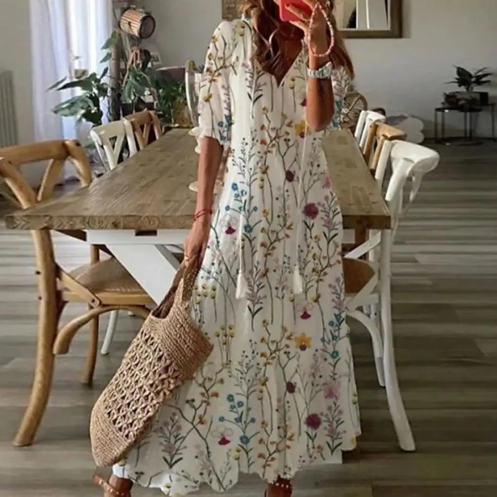 

Sweet Dress Large Hem Skin-touching Ankle-Length Sweet Floral Print Elegant Beach Long Dress Long Dress Female Clothing