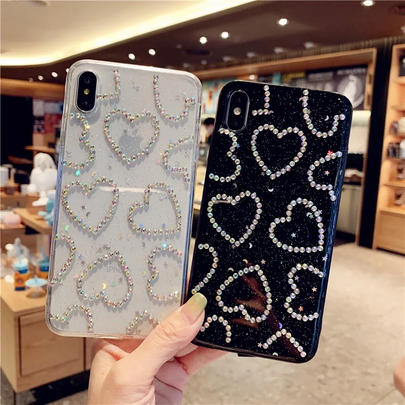 

Epoxy Handa Glitter Love Heart Rhinestone Phone Case For iPhone12 13 14 11pro 13promax X XS XR Max 7 8 Plus