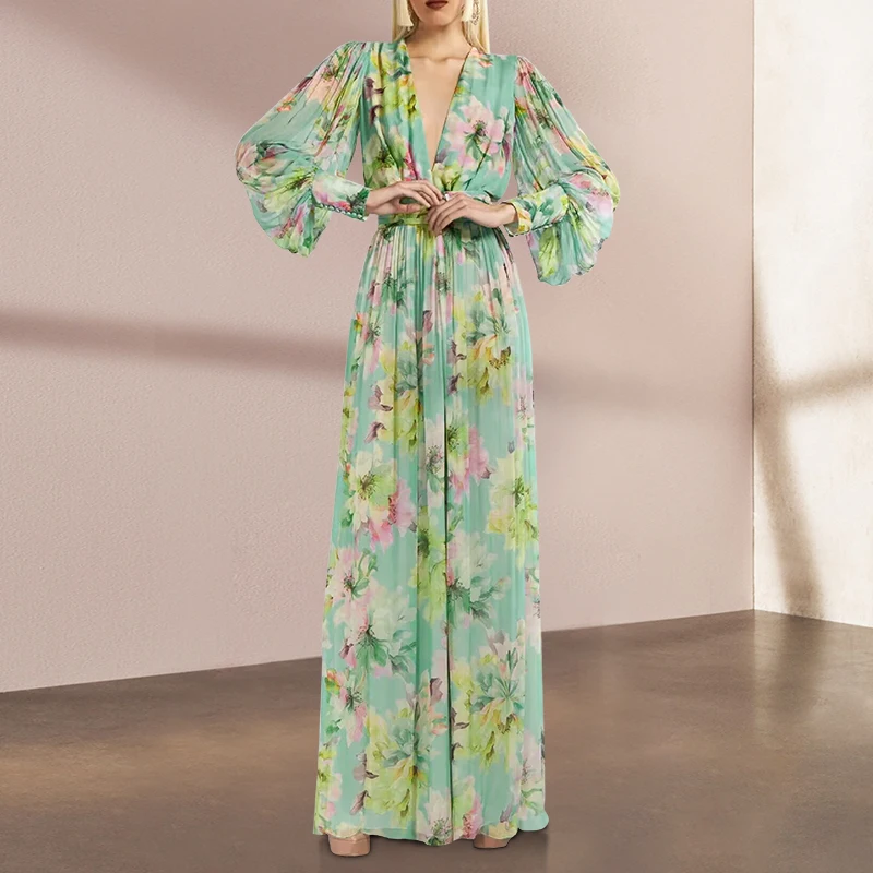 

Женский комбинезон с цветочным принтом, цвет зеленый