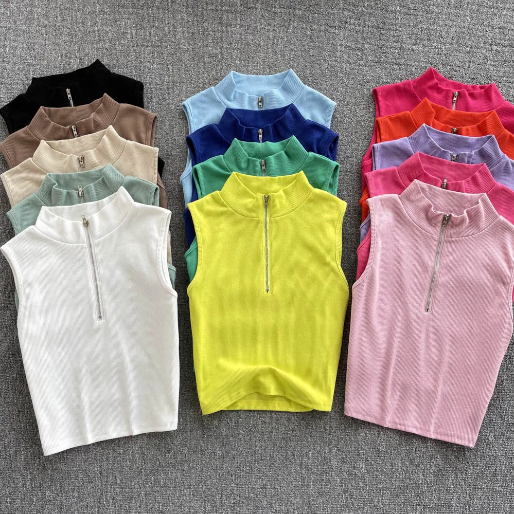 

Sleeveless Tees Femme O Neck Summer Front Zipper Basic TShirts White Black Casual Vest Off Shoulder Green Women's Tank Top