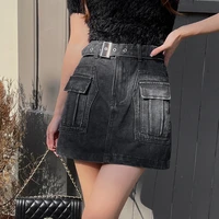summer 2022 women high waist denim skirt with belt fashion multi pocket cargo jeans skirt office lady elegant a line mini skirts