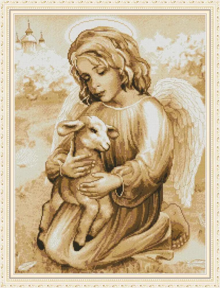 

Joy Sunday Pre-printed Cross Stitch Kit Easy Pattern Aida Stamped Fabric Embroidery Set-Angel and Lamb