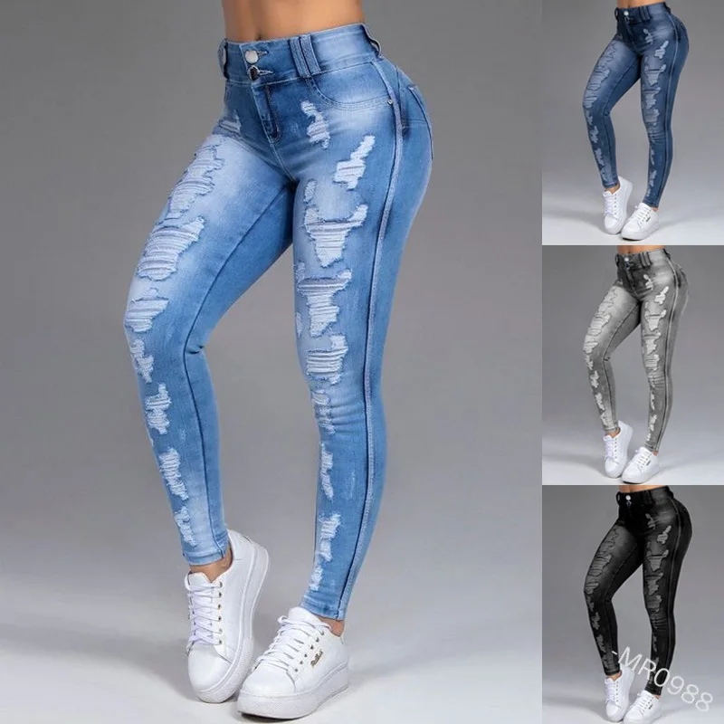 

Women's hole jeans, European and American thin stretch jeans, 2022 high quality blue black jeans