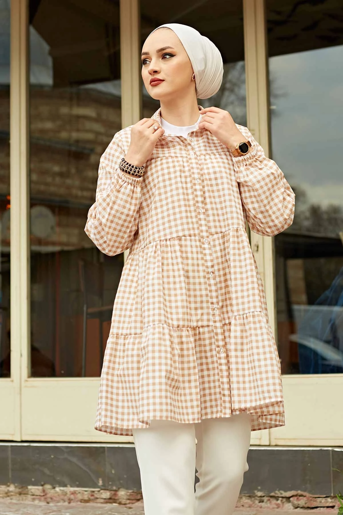 Frilly Plaid Shirt MD-Mink