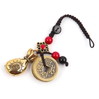 handmade rope lucky feng shui hanging vintage brass money bag keychain pendant jewelry ancient five emperors coins car key chain