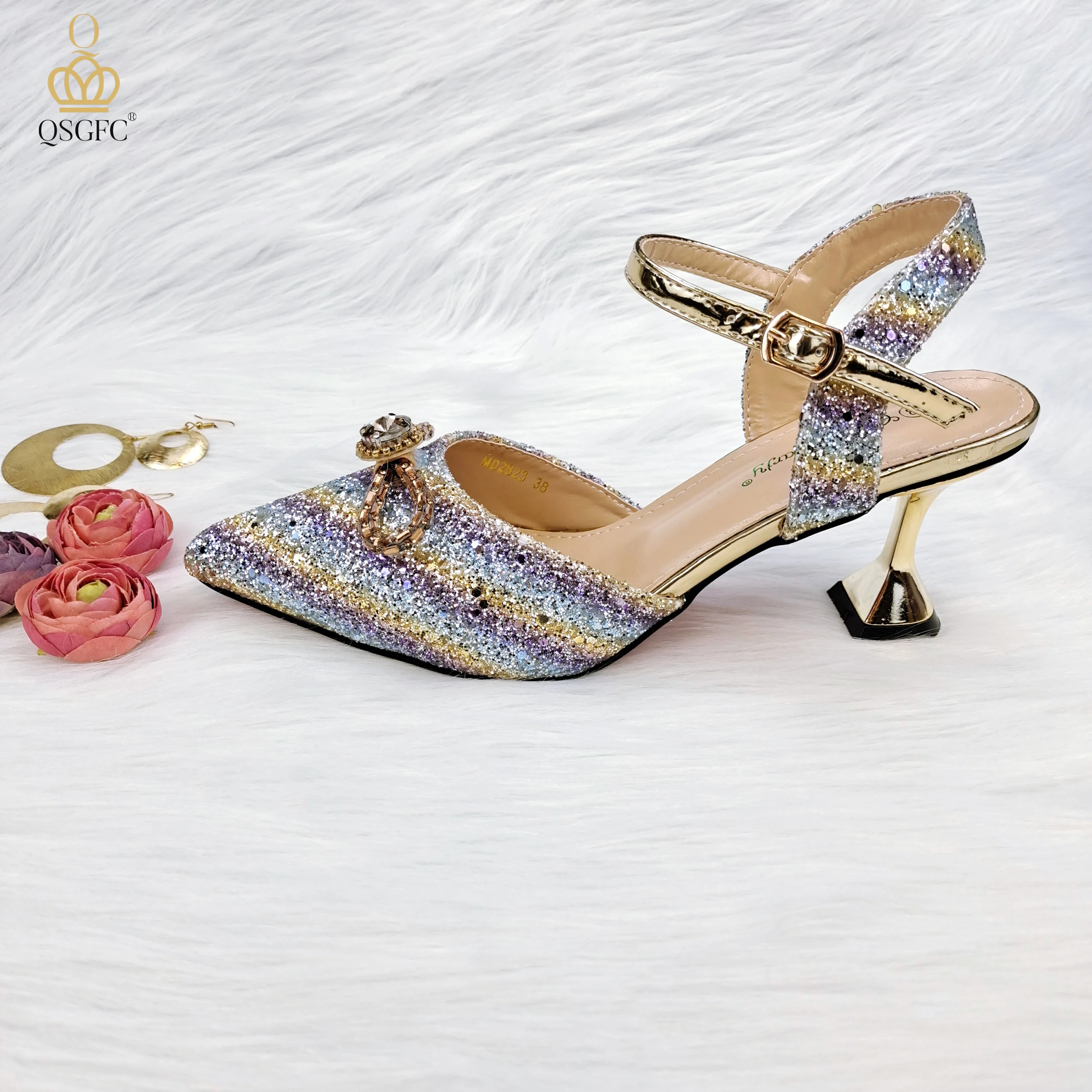 QSGFC 2022 Latest Colorful Sequins and Diamond Butterfly Design Women's Shoes and Bags Set Violet Color