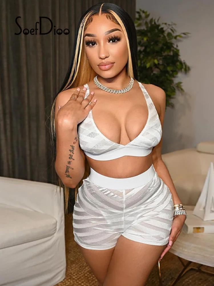 

Soefdioo Mesh Patchwork Two Piece Set Shorts and Bikini Crop Top Women Clothes Summer 2022 Sexy Club Outfits Vacation Beachwear