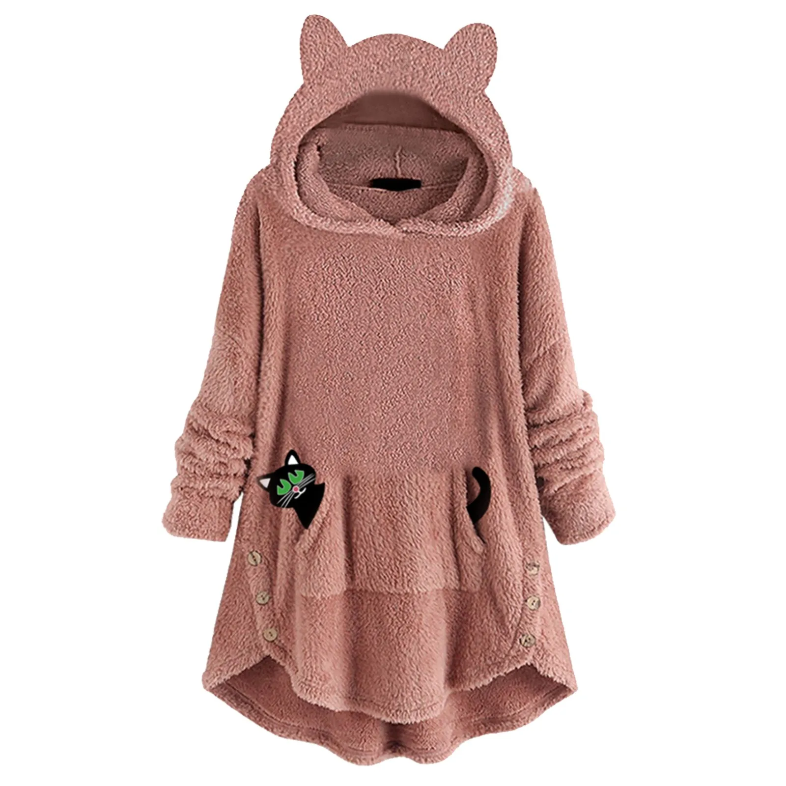 

Women Fashion Pocket Fleece Cat Ear Hoodie Sweater Button Cute Long Hoodie Sweatshirts for Women Female Oversized Hoodie