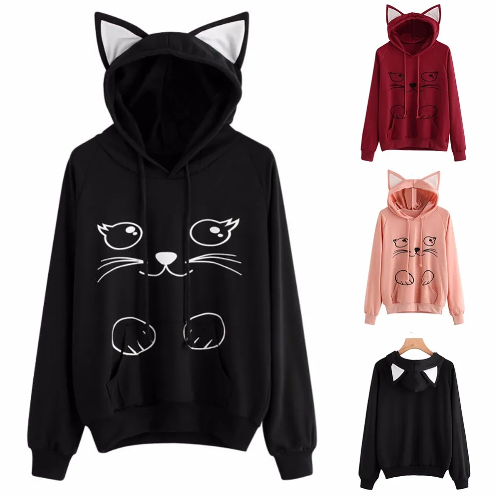 Женский свободный пуловер с капюшоном и кошачьими ушками длинным рукавом пальто