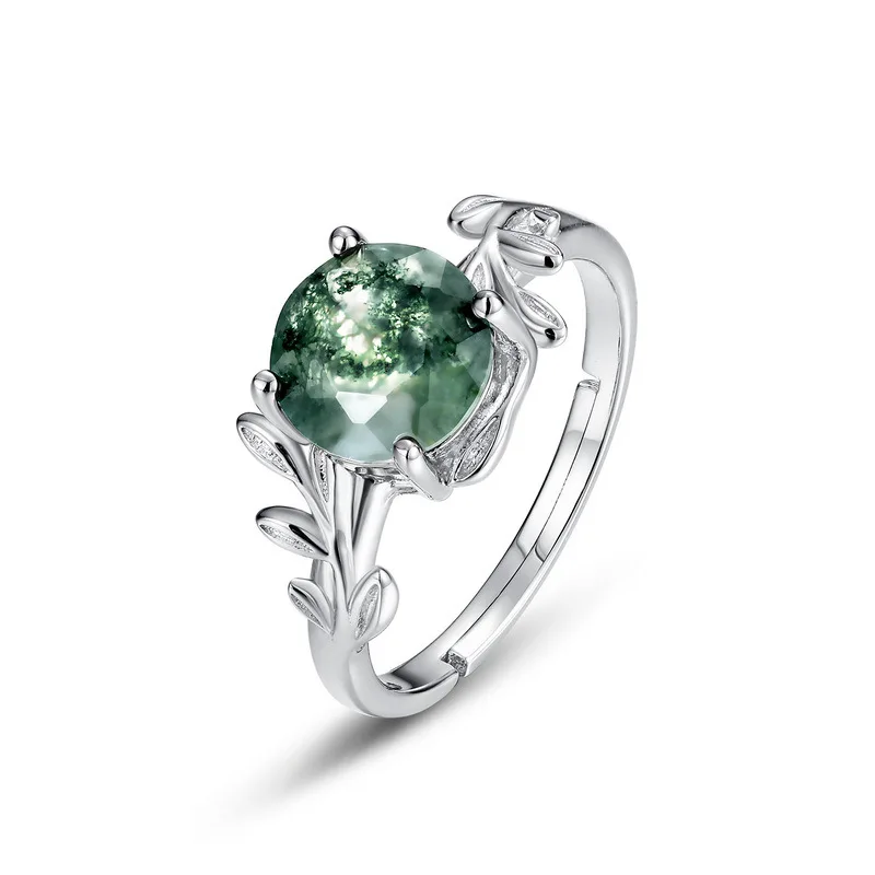

S925 Silver Green Moss Stone 7 * 7mm+Inlaid Small Diamond 1.0CT Ring Water Grass Agate Open Ring Elegant Temperament