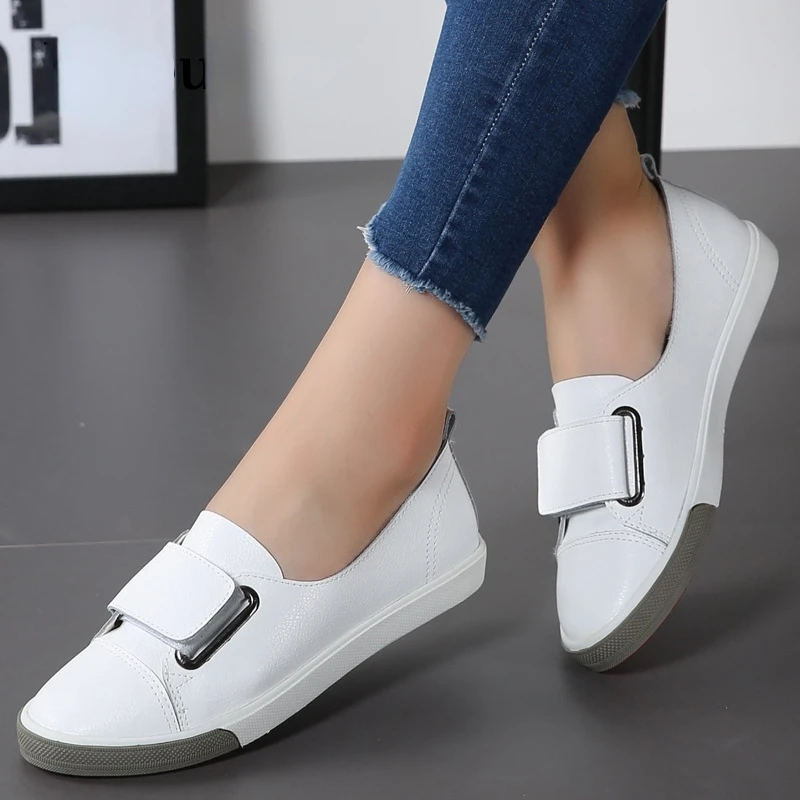 

2023 Spring Autumn Women's Student Loafers Flat Velcro Slip-On Shoes White PU Moccasin Casual Women's Shoes Zapatos De Mujer