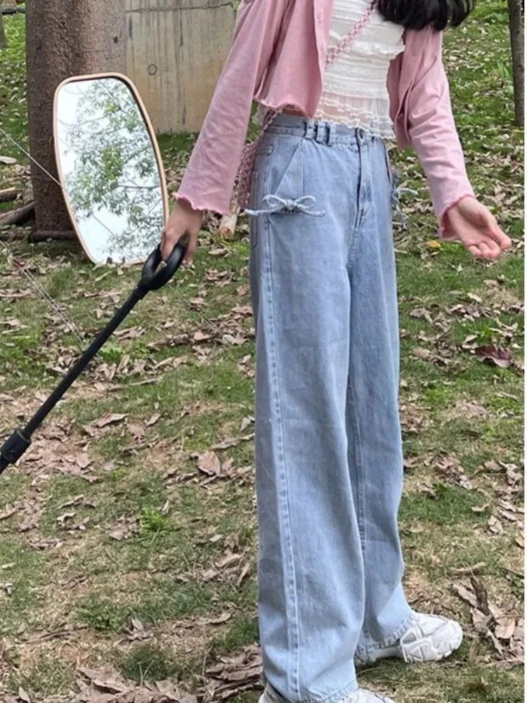 ADAgirl Kawaii Bow Women Jeans Light Blue Wide Leg Oversized Streetwear Pants Korean Style Solid Loose Full Length Trousers 2023