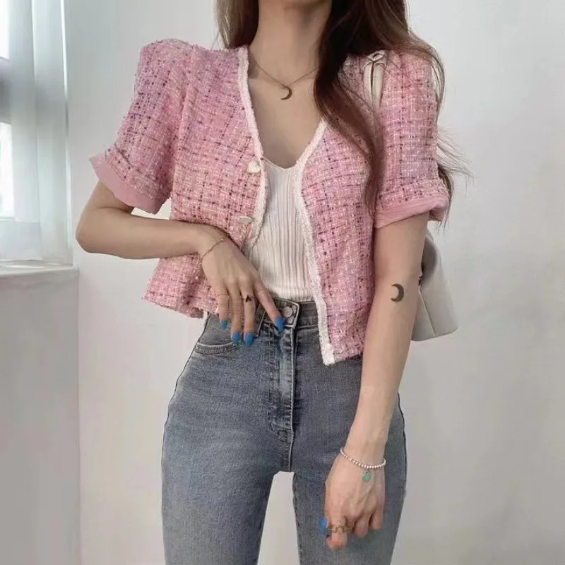 

Summer Korean High Quality Elegant Tweed Short Jacket Coat Women's Clothes Chic Outwear Female Crop Top Casaco Outwear