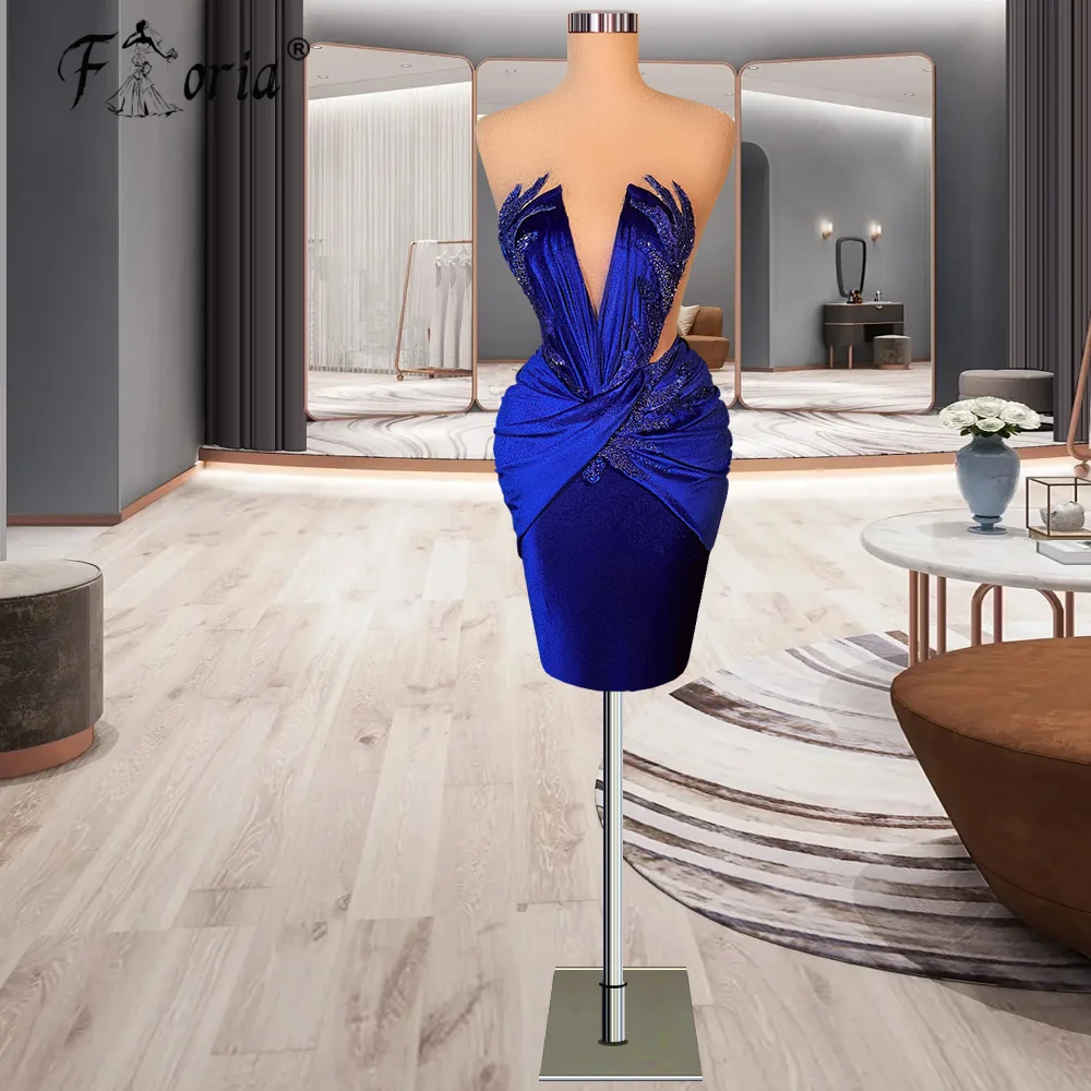 

Sheer Neckline Royal Blue Short Cocktail Dress Backless Beadings Pleats Mini Prom Dresses For Black Girls Robe De Cocktal