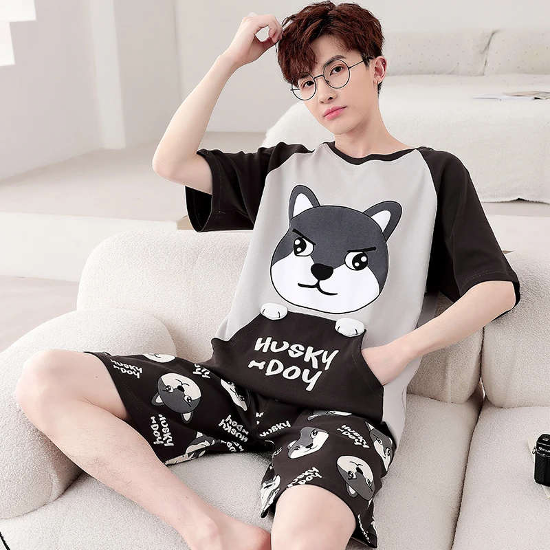 Men Pajama Sets Summer Cartoon Dog Short Sleeve Sleepwear Women Cute Pyjama Suit Korean Loose Boys Girls Pijama Mujer Loungewear