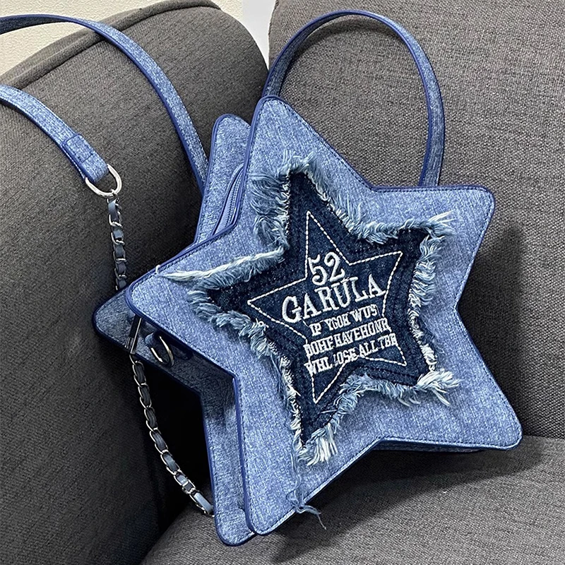 

Джинсовый синий рюкзак, новинка 2023, сумка через плечо с вышивкой, надписью, пентаграммой, кисточкой и молнией, школьный рюкзак для женщин, модный, милый, крутой